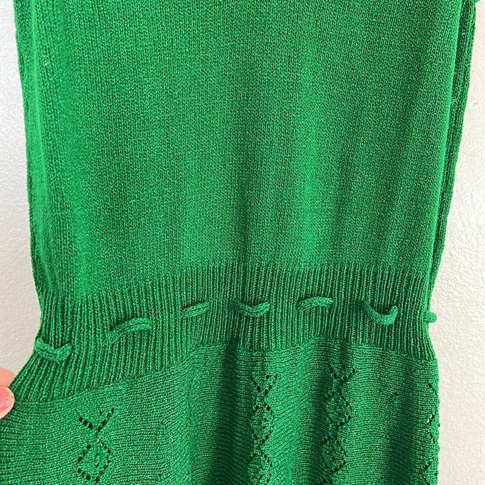 Vintage green knit A line dress ties at shoulder sundress midi feminine - Picture 7 of 14